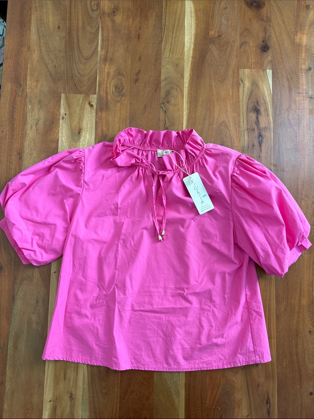 NWT Sofia Made it Italy - Bright Pink Ruffle-Neck Puff Sleeve Blouse